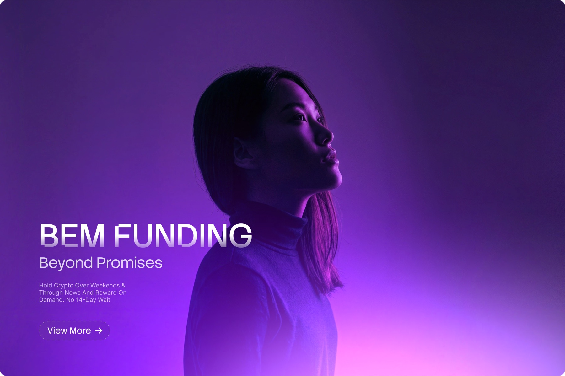 BEM Funding key visual: portrait lit in violet with the wordmark Beyond Promises