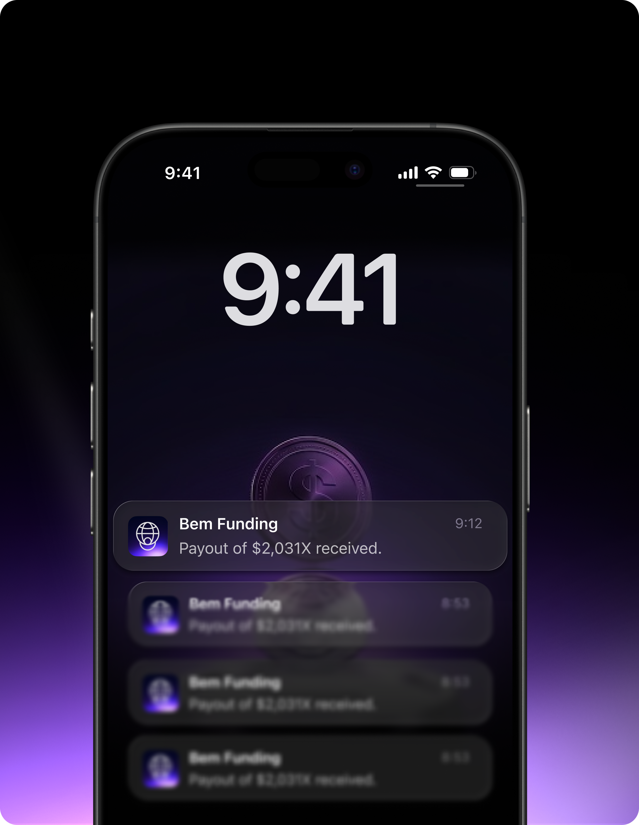 Phone lock screen showing a BEM Funding payout notification